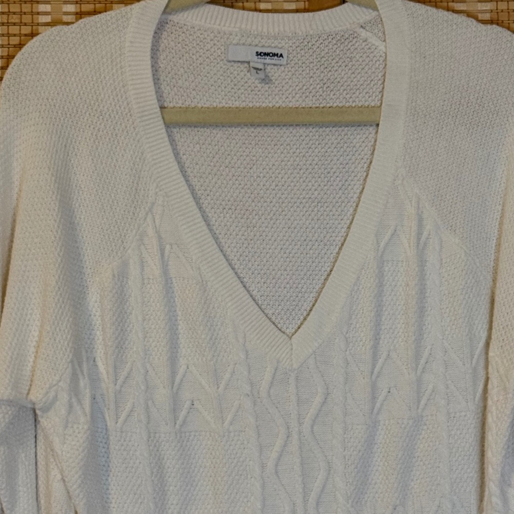 Sonoma Goods For Life Womens White Cable Knit V-Neck Sweater Size L High-Low Hem